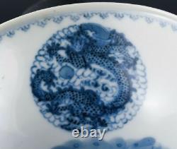 Fine Pair Signed Chinese Guangxu Blue White Dragon Phoenix Medallion Bowls