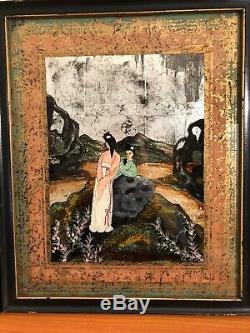 Fine Pair of Antique Chinese Reverse Painting on glass Women Signed C W Berry