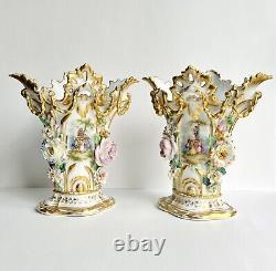 Fine Pair of Antique Paris Porcelain Vases Genre Scenes 19th C French Signed JD