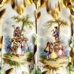 Fine Pair of Antique Paris Porcelain Vases Genre Scenes 19th C French Signed JD