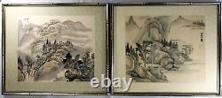 Fine Pair of China Chinese signed paintings of snowy landscapes & water