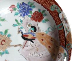 Fine Signed Pair Antique Imari 10 Enamel Peony Peacock Soup Bowl Plates Japan