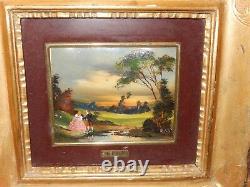 Framed Painting glass enamel on copper Victorian Couple Countryside Lake Signed