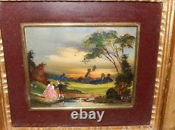 Framed Painting glass enamel on copper Victorian Couple Countryside Lake Signed