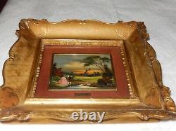 Framed Painting glass enamel on copper Victorian Couple Countryside Lake Signed