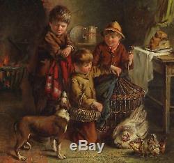 Frederick Pasmore Antique Oil Painting Pair Children Dogs Interior Genre Signed