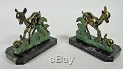 French Antique ART DECO Bookends Spelter Bronzed Deer Signed Marble Base Pair