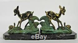 French Antique ART DECO Bookends Spelter Bronzed Deer Signed Marble Base Pair