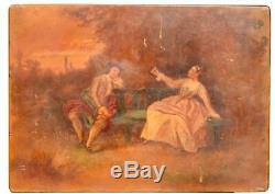 French Antique Oil Painting of a 18th Century Style Romantic Couple in a Park