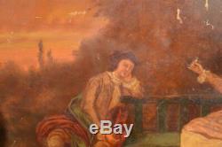 French Antique Oil Painting of a 18th Century Style Romantic Couple in a Park