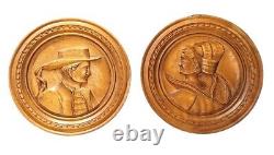 French Antique PAIR Medallions Renaissance Man Woman Carved Wood Plaque Signed