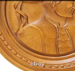 French Antique PAIR Medallions Renaissance Man Woman Carved Wood Plaque Signed