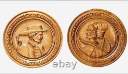 French Antique PAIR Medallions Renaissance Man Woman Carved Wood Plaque Signed