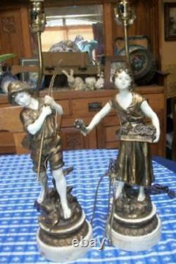 French Moreau Figural Lamps Couple Spelter Original Finish Great Detail Signed