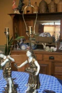 French Moreau Figural Lamps Couple Spelter Original Finish Great Detail Signed