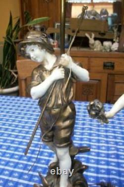 French Moreau Figural Lamps Couple Spelter Original Finish Great Detail Signed