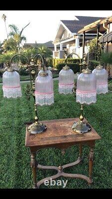 French Signed Vianne Glass Brass Lamps Pair VERY RARE! Antique Art Deco Vintage