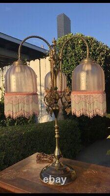 French Signed Vianne Glass Brass Lamps Pair VERY RARE! Antique Art Deco Vintage