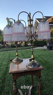 French Signed Vianne Glass Brass Lamps Pair VERY RARE! Antique Art Deco Vintage