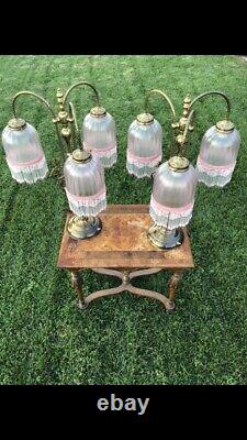 French Signed Vianne Glass Brass Lamps Pair VERY RARE! Antique Art Deco Vintage