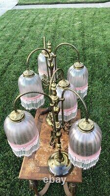 French Signed Vianne Glass Brass Lamps Pair VERY RARE! Antique Art Deco Vintage