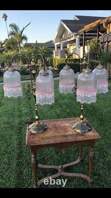 French Signed Vianne Glass Brass Lamps Pair VERY RARE! Antique Art Deco Vintage