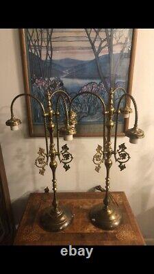 French Signed Vianne Glass Brass Lamps Pair VERY RARE! Antique Art Deco Vintage
