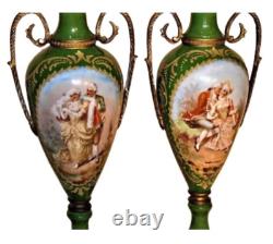 Garnitures, Vases, Porcelain, Bronze, Pair, 14 Ins, Signed Licar, Vintage