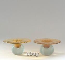 Gary Genetti Crystal Candle Holders, a pair, antique American Art Glass Signed