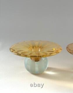 Gary Genetti Crystal Candle Holders, a pair, antique American Art Glass Signed