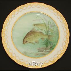 Gorgeous PAIR Antique MINTON 9 Cabinet or Fish Plate Set, HP & Signed Aquatic