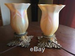 Gorgeous Quezal Art Glass Lamps Signed by Artist and Matching Pair