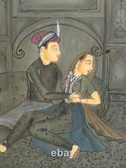 Gouache Antique Miniature Persian Iran Scene Of Palace Couple Love