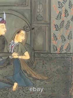 Gouache Antique Miniature Persian Iran Scene Of Palace Couple Love