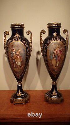 Great Pair Cobalt Blue Urn Signed & Marked Raised Gilt Sevres French France