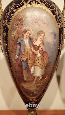 Great Pair Cobalt Blue Urn Signed & Marked Raised Gilt Sevres French France