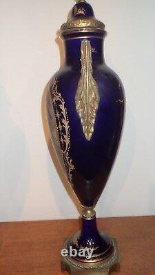 Great Pair Cobalt Blue Urn Signed & Marked Raised Gilt Sevres French France