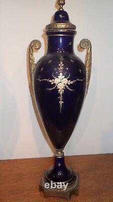 Great Pair Cobalt Blue Urn Signed & Marked Raised Gilt Sevres French France