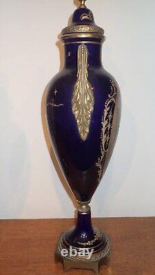 Great Pair Cobalt Blue Urn Signed & Marked Raised Gilt Sevres French France