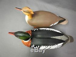 Great Pair Merganser Decoys signed Capt R. E. Belote Lewes DE &Willis Wharf VA