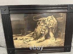 HANS KRAUSE Antique Signed 1896 Rare German Pair of LIONS Painting Print Framed