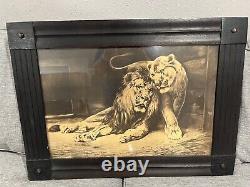 HANS KRAUSE Antique Signed 1896 Rare German Pair of LIONS Painting Print Framed