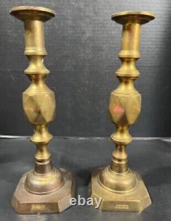 HUGE Antique Pair Signed Diamond King Spun Brass Push-up English CandleStick