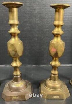 HUGE Antique Pair Signed Diamond King Spun Brass Push-up English CandleStick