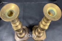 HUGE Antique Pair Signed Diamond King Spun Brass Push-up English CandleStick