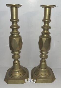HUGE Antique Pair Signed Diamond Prince Spun Brass Push-up English CandleSticks