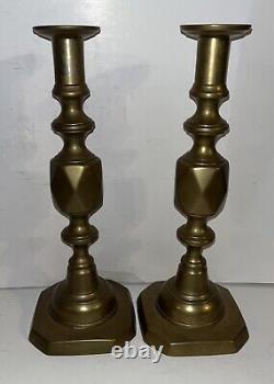 HUGE Antique Pair Signed Diamond Queen Spun Brass Push-up English CandleStick