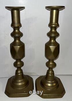 HUGE Antique Pair Signed Diamond Queen Spun Brass Push-up English CandleStick