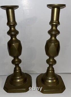 HUGE Antique Pair Signed Diamond Queen Spun Brass Push-up English CandleStick