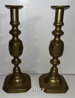 HUGE Antique Pair Signed Diamond Queen Spun Brass Push-up English CandleStick